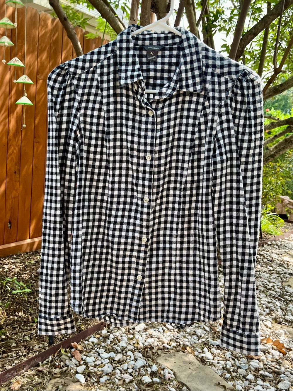 Eddie Bauer Women Black and White Gingham Button-Down Shirt.